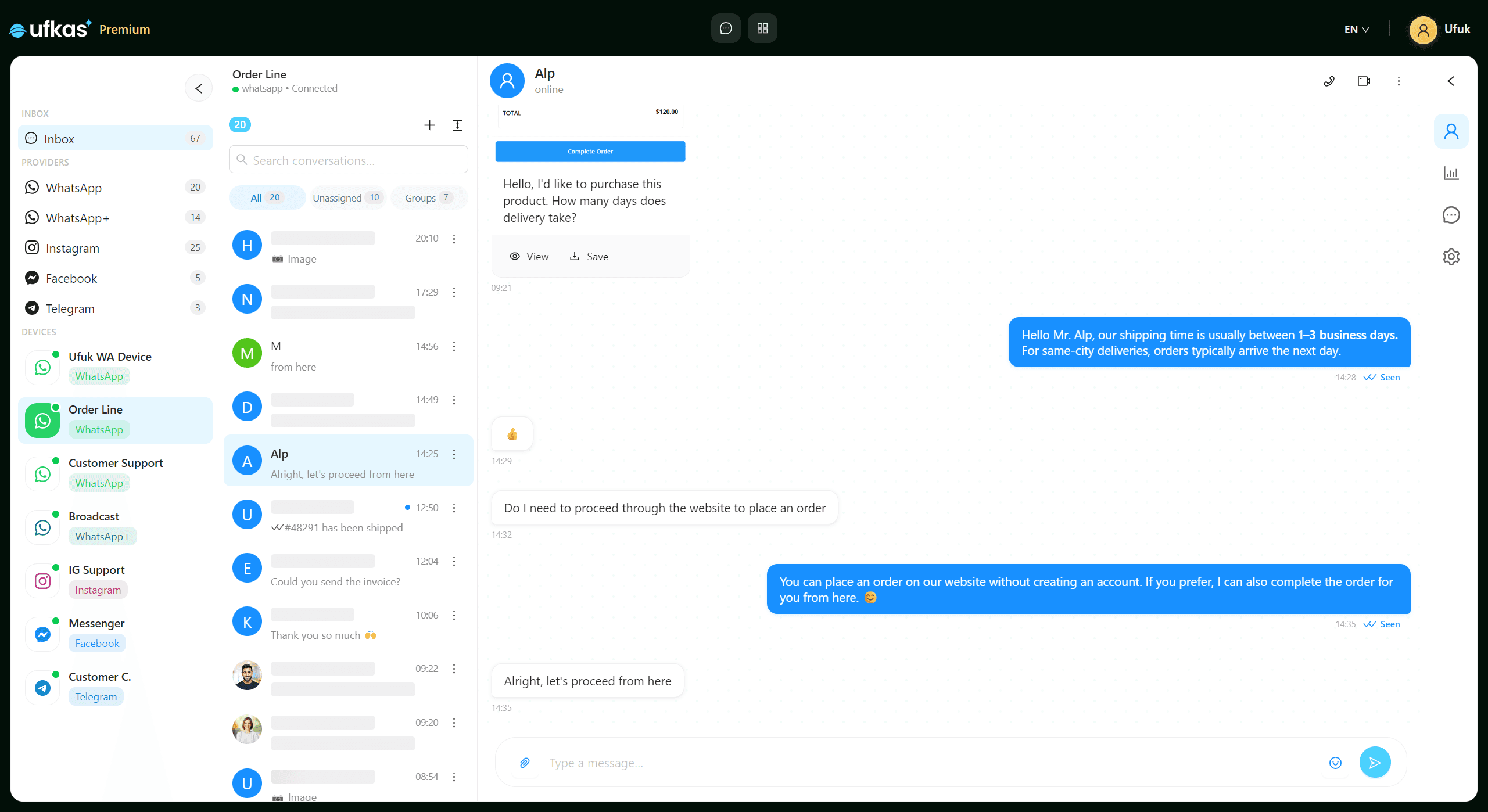 Ufkas Live Chat Screen